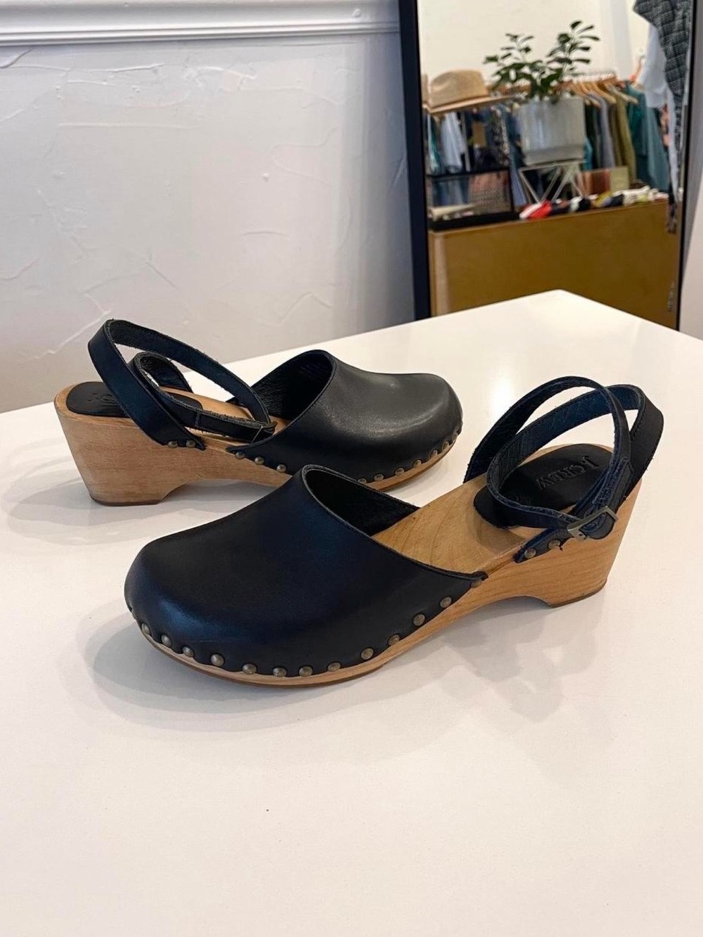 J Crew black leather clogs with wooden soles + ankle strap sz 9